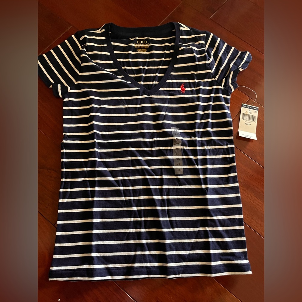 Polo Ralph Lauren navy blue & white striped v neck t shirt Nwt